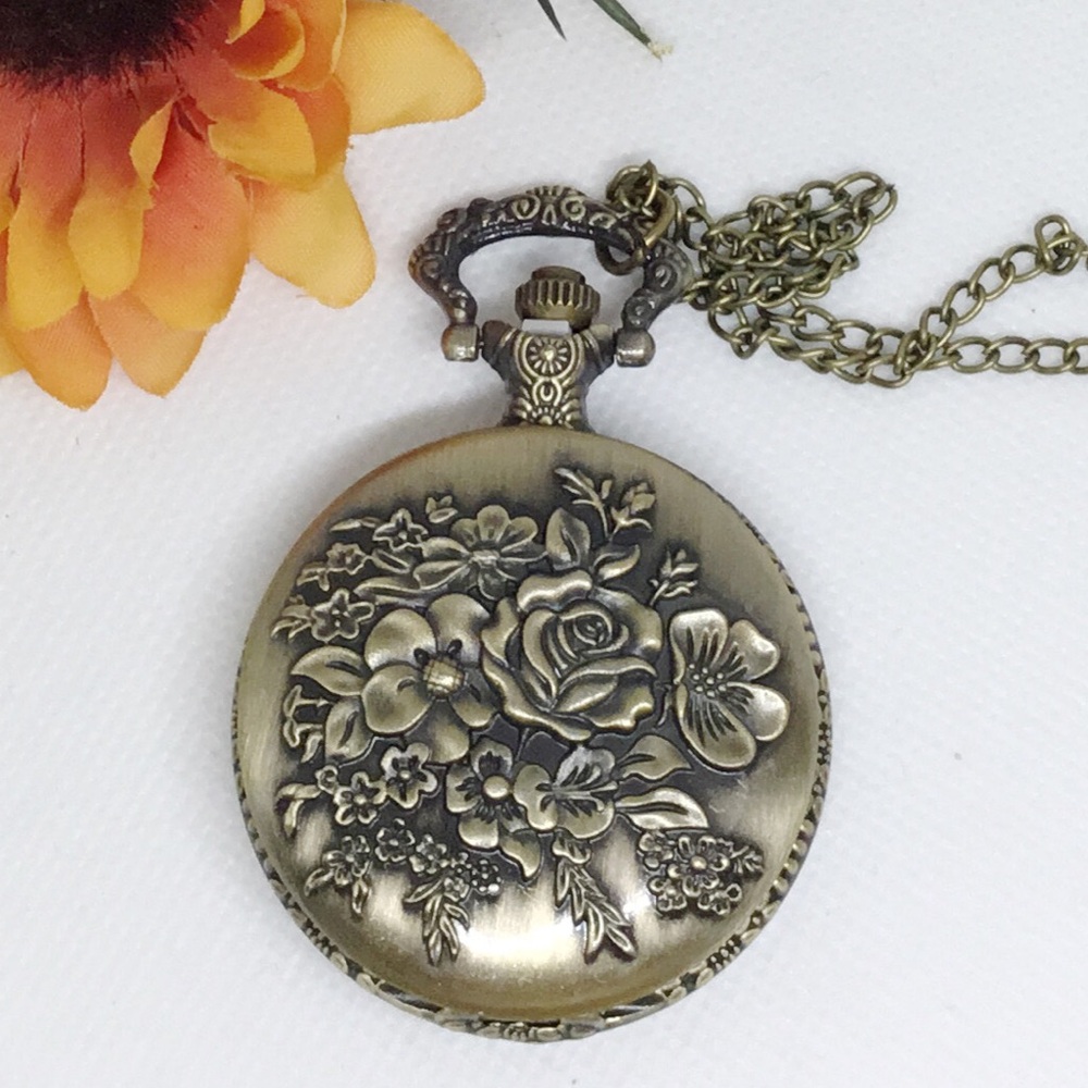 Pocket Watch Bronze Floral Long Chain Quartz Analog Retro with Gift Pouch